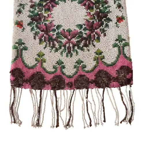 Vintage Beaded 1920s Flapper Bag Purse Floral Wreath Antique Art Deco Style 7x9 Tan