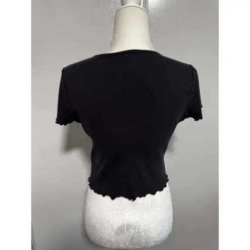 Hollister  Black Ribbed Baby Tee Embroidered Flower Lettuce Trim Cropped Small