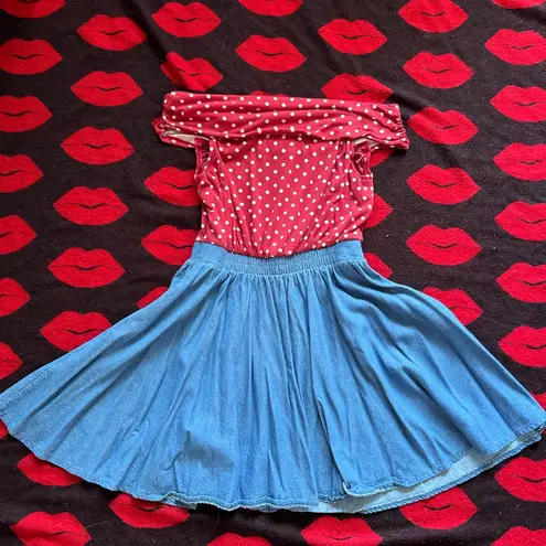 Penderie Japan kawaii retro red blue polka dot off shoulder denim dress XS