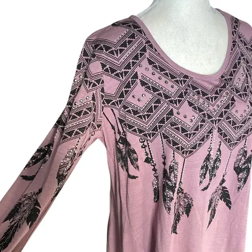 Vocal rhinestone graphic tunic top, ladies mauve medium tribal feather print