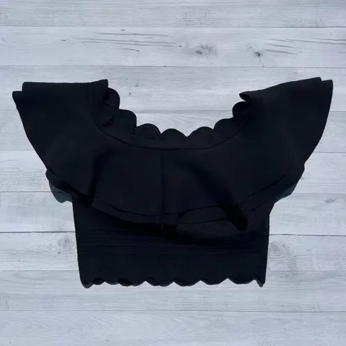 Endless Rose  Black Ruffle Off the Shoulder Eyelet Crop Top with Scalloped Edge S