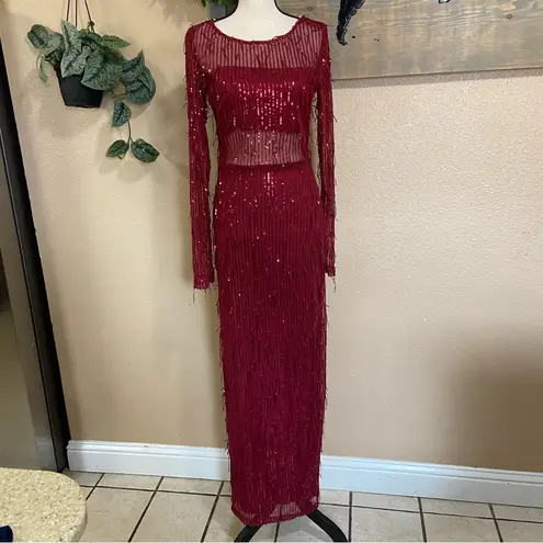 Lulus NWOT  Sheer Fascination Burgundy Sheer Mesh Sequin Fringe Maxi Dress