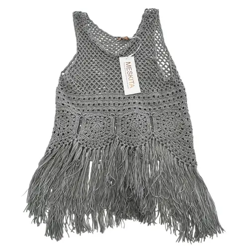 Meskita Tank Top Womens Small Crochet Fringe Boho Knit Festival Layered Beach Gray