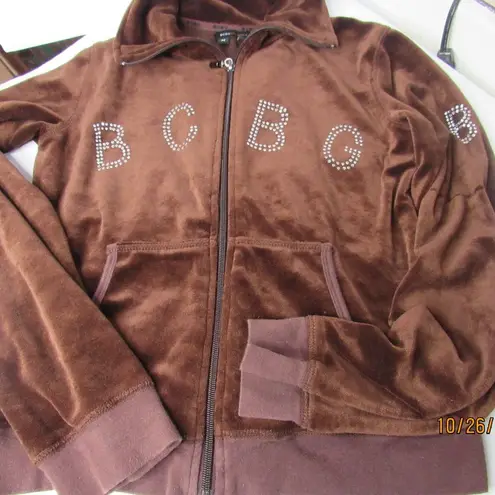 BCBG Maxazria Med Velour Track Jacket Brown Y2K Rhinestone Full Zip