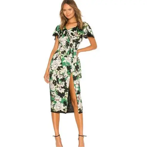 Le Superbe Gardenia Floral Midi Dress 4 Green Black Tie Front Slit Short Sleeve