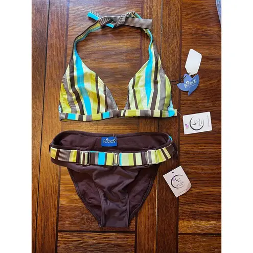 NWT Y2K Retro Buzois Brown White Blue Striped Halter Top Bikini Set Size Large