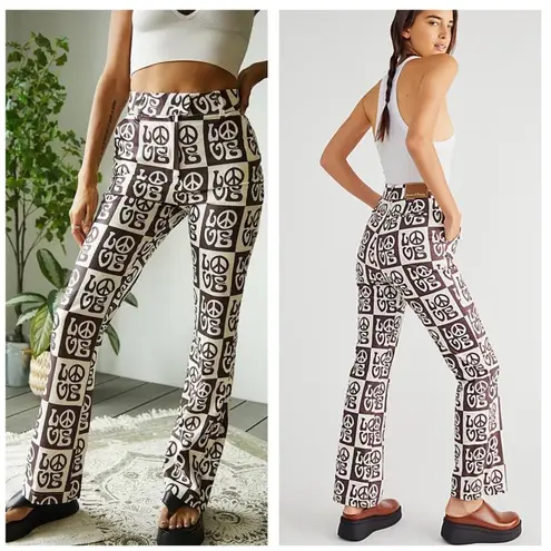 NWT House Of Sunny All You Need Is Love Peace Sign 70s Flare Pant Size 8 Vintage Brown
