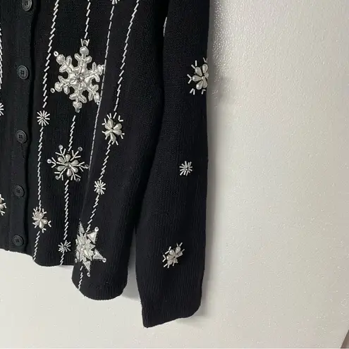 Vintage Bobbie Brooks Sweater XL Black Snowflake Embroidered Beaded Ramie Blend