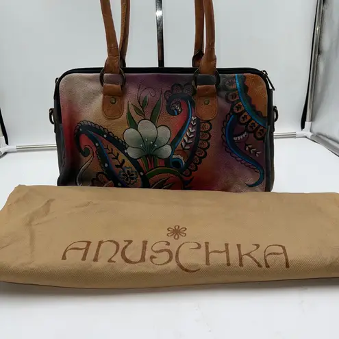 Anuschka Hand Painted Leather Satchel Crossbody Bag Floral Design Colorful Brown