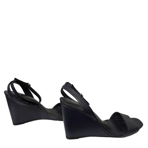 Brooks Brothers Leather Ankle-Strap Open-Toe Wedges Navy Blue Size 8.5