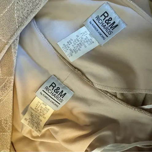 R & M Richards Maxi Gown Dress w Matching Jacket Sz 14 Metallic Gold Tan