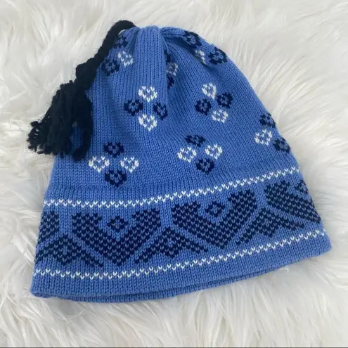 Vintage Handmade Top Notch Knits USA Beanie Hat hearts VTG Blue