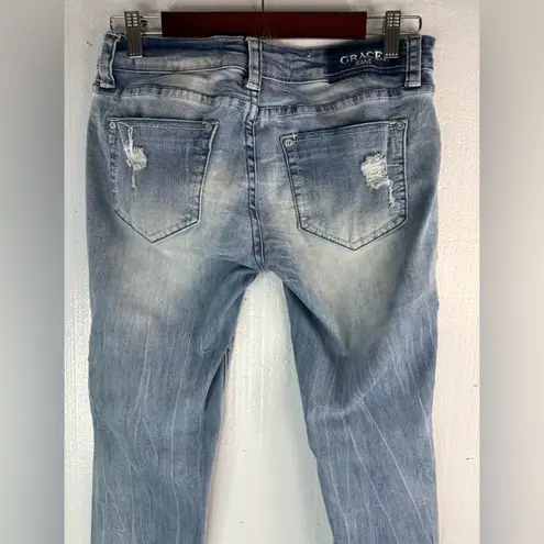 GRACE IN LA 27 Blue Cropped Ankle Floral Embroidered Jeans