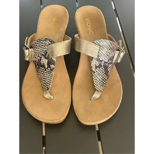Vionic Snake Skin Leather Alanis Thong Wedge Sandals Tan Size UK 9. US 11
