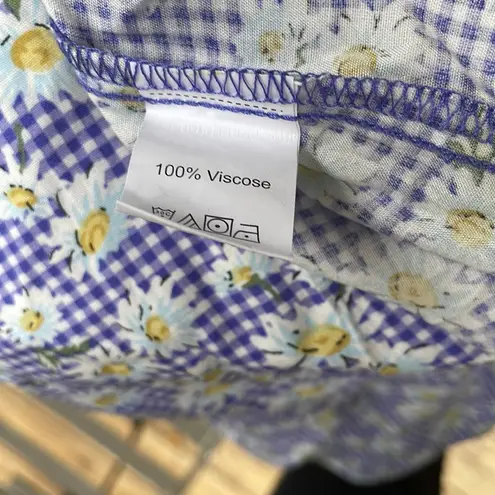 Cottage Daisy Plaid Smocked Bodice Square Neckline Midi Length Viscose Dress SzM Blue Size M