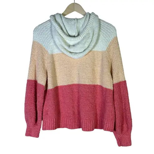 SO  Colorblock Hooded Knit Sweater Womens L Cream Pink Cozy Clean Girl Beachy