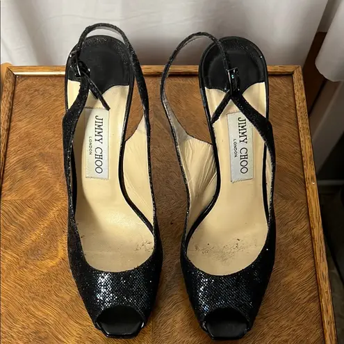 Jimmy Choo Black Glitter Peep Toe Slingback Heels Size 37/US 7