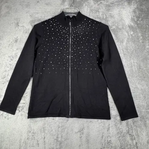 Belldini Cardigan Sweater Womens Large Black Rhinestone Zipper Bling Full Zip Black