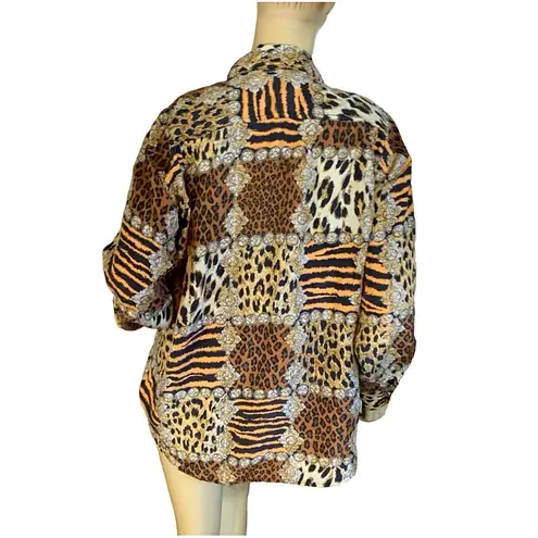 VINTAGE 1990'S S.L.B. BY SUNNY LEIGH ANIMAL PRINT SILK BUTTON DOWN BLOUSE (M) Brown Size M