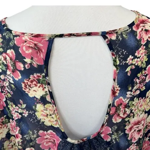 belle du jour Blouse Plus Size 2X Floral Keyhole Sheer Lace Multicolored Hi Low