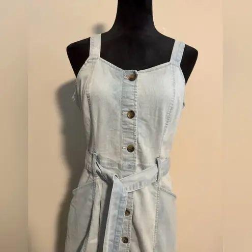 SO EUC  Overall Denim Jean Dress Button Down Light Wash Pockets Belted Size M