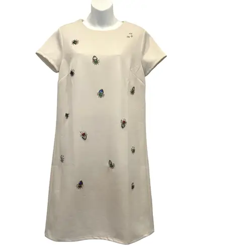 Catherine Malandrino Embroidered Dress Off-White Knee-Length Short Sleeve Size M