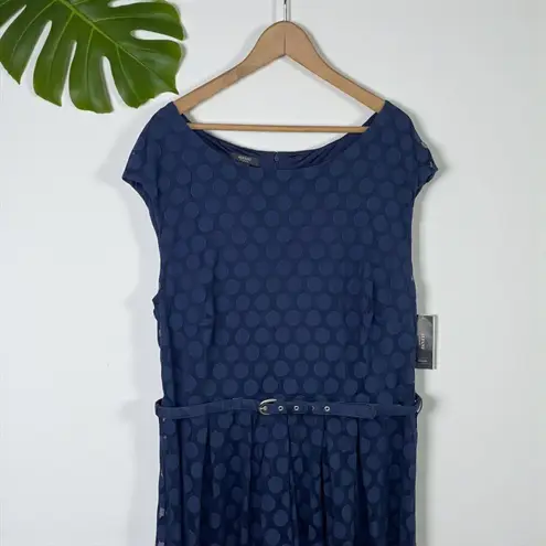 Alfani 🆕 Cap-Sleeve Polka Dot-Print Belted Dress in Navy