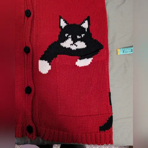 Vintage Mabel's Knit Pocket Cat Cardigan Red/Black Red Size undefined
