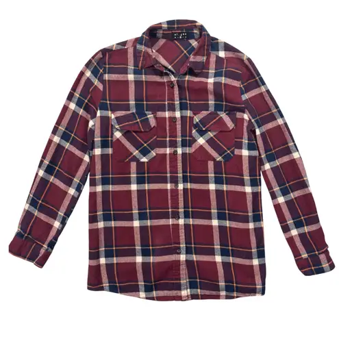 Womens Alygne Flannel Shirt Medium Burgundy Plaid Long Sleeve Button Up Cotton Red