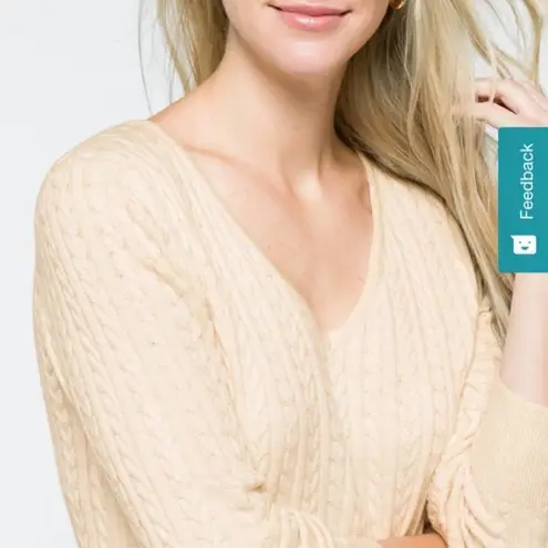 41 Hawthorn Kellie cream cable knit v neck sweater cashmere silk EUC Oatmeal Size L