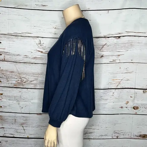 Democracy NWT Size 1X Blue - Rhinestone Fringe Trim Long Sleeve Sweater Top