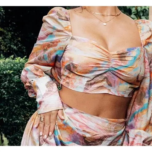 Pretty Little Thing Festival Pastel Marble Boho Fairy Ruched Crop Blouse Long Sleeve 4 / Small NWT