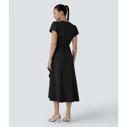 Halara Breezeful Wrapped Tie Ruffle Flowy Quick Dry Midi Casual Dress Black M