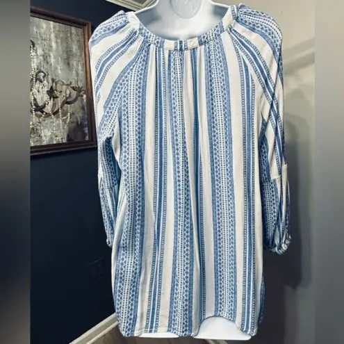 Brina & Em Colter Split Neck Boho Blue White Top Size Large