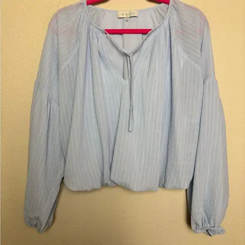 WAYF Pastel Blue Crepe Textured Long Blouson Sleeve Bubble Hem Cropped Blouse L