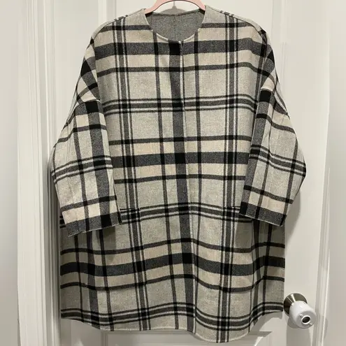 Max Mara Rare Weekend Reversible Checked Gray Black Cream Plaid Wool Coat Size S