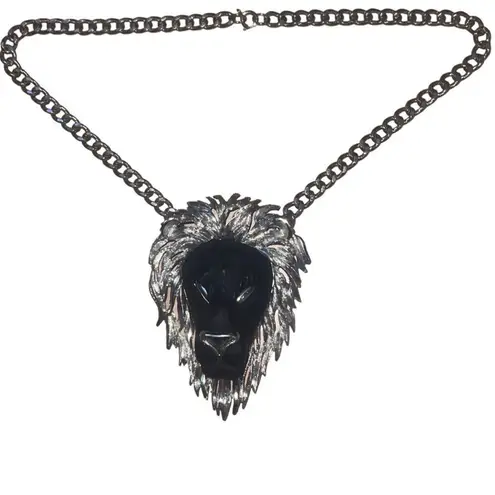Vintage 1970s Luca Razza Large Collectible Black & Silver Lion Pendent Necklace Black