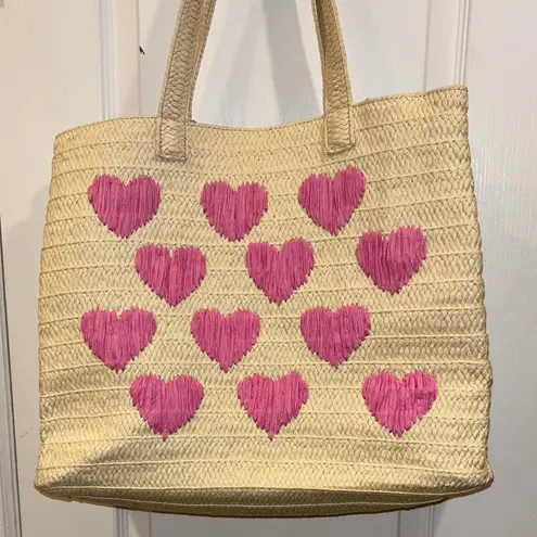 Urban Expression URBAN EXPRESSIONS NWTS STRAW TOTE WITH PINK HEART DESIGN FULLY LINED WITH POCKET - Image 1