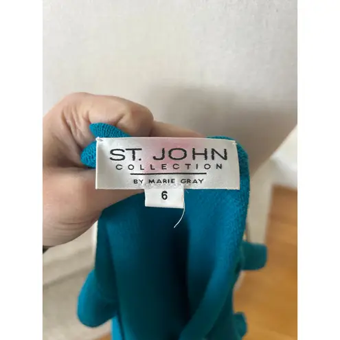 St. John Teal Blue Square Neck Flutter Sleeve Santana Knit Top