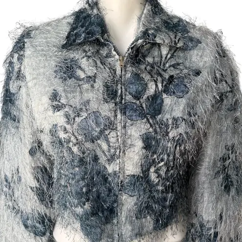 Vintage 90’s Rare Mesmerize Fuzzy Long Eyelash Zip Front Crop Top/Jacket, Sz S Blue