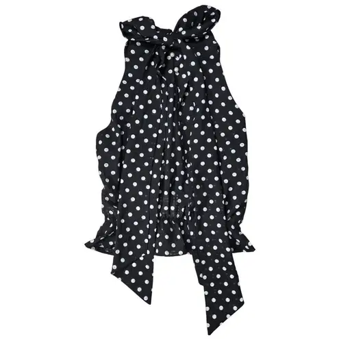 Black White Polka Dot Halter Tie Neck Ruffle Hem Top Blouse Size M Size M