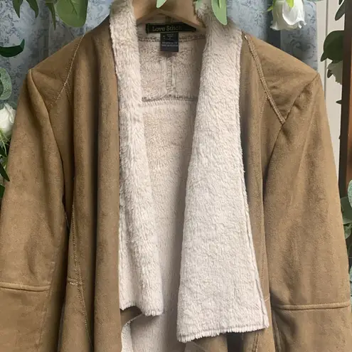 Love Stitch Faux SuedeFur Lined Drape Collar Asymmetrical Jacket Size Small Tan