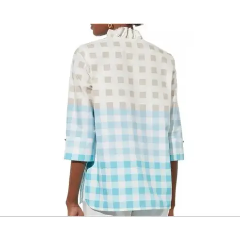 Ming Wang Top Womens 2XL Tan Blue Check Gingham Poplin 100% Cotton Tunic Ruffle