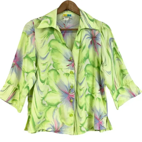 VTG Sea Suns Blouse Top Womens Small Tropical Floral Cottagecore Boho Bratz USA Green