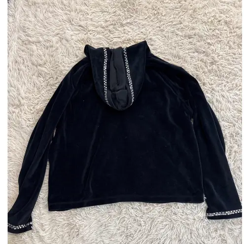 Kaktus Vintage Black Velour Zip Up Hoodie Jacket Women's XL Rhinestone Trim