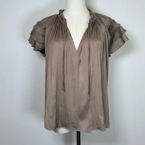 Evereve New! ‘Lydia’ Flutter Silky Satin Blouse In Taupe Women’s Size Medium