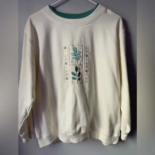 VTG Floral Embroidered Sweatshirt Crewneck Sweater Cream Blue Size M L White Size L