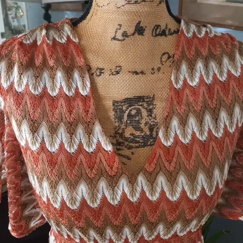 Judith March Coral, Tan and Cream Knit Zig Zag Striped Mini Dress