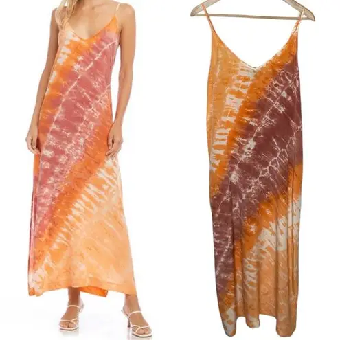 Fifteen Twenty  Silk Crepe de Chine Midi Dress Slip Tie Dye Coral Orange sz Small