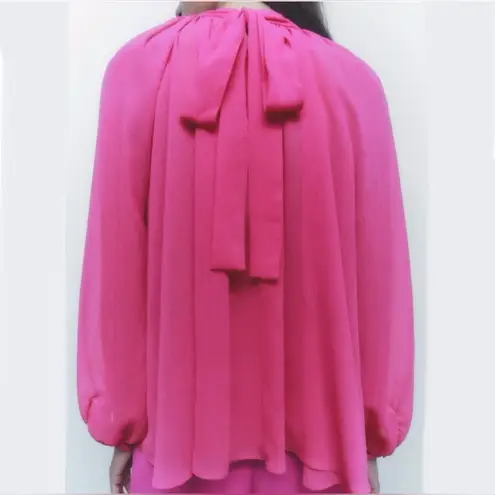 ZARA  Blogger's Favorite High Neck Sheer Pleated Balloon Sleeve Back Tie Blouse S